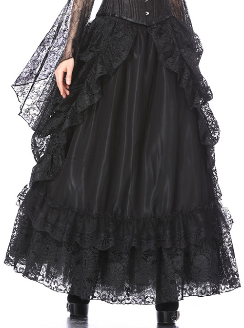 Gothic Style Elegant Palace Lace Curtain Exquisite Layered Ruffled Black Retro Long Skirt