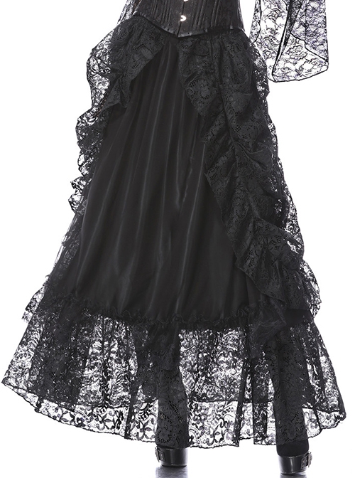 Gothic Style Elegant Palace Lace Curtain Exquisite Layered Ruffled Black Retro Long Skirt