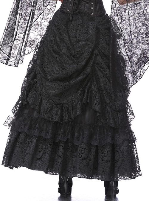 Gothic Style Elegant Palace Lace Curtain Exquisite Layered Ruffled Black Retro Long Skirt