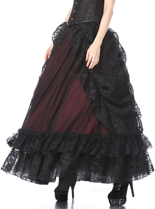 Gothic Style Elegant Black Lace Palace Curtain Design Exquisite Layered Lace Dark Red Long Skirt