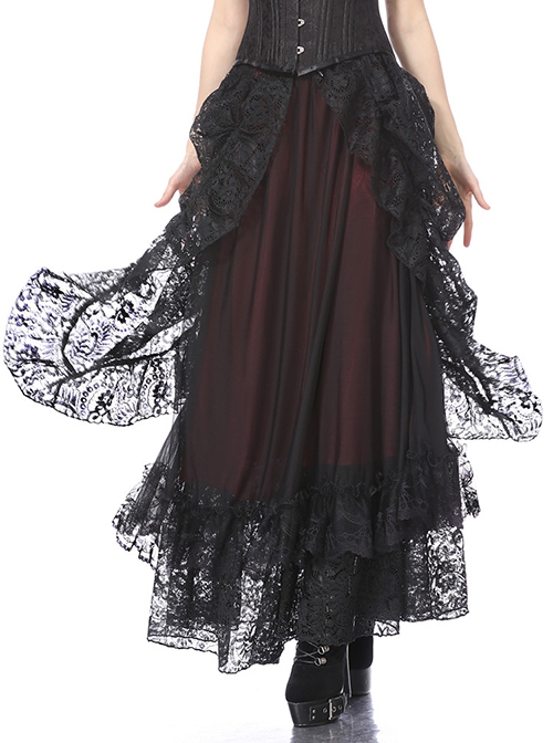 Gothic Style Elegant Black Lace Palace Curtain Design Exquisite Layered Lace Dark Red Long Skirt