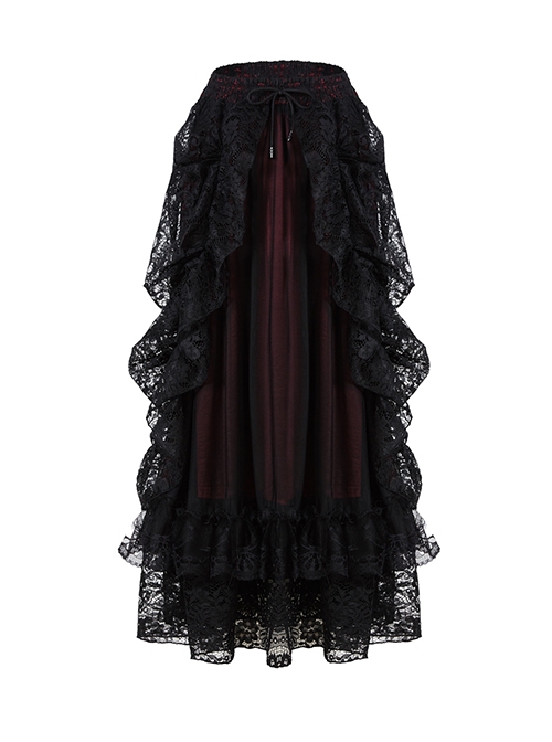 Gothic Style Elegant Black Lace Palace Curtain Design Exquisite Layered Lace Dark Red Long Skirt