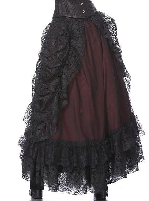 Gothic Style Elegant Black Lace Palace Curtain Design Exquisite Layered Lace Dark Red Long Skirt