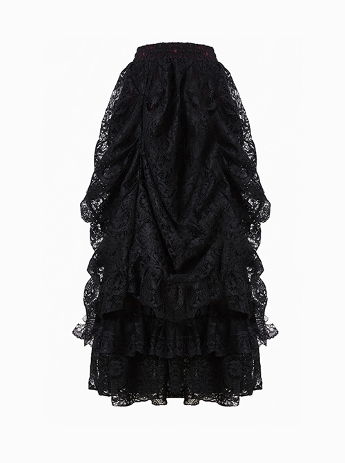 Gothic Style Elegant Black Lace Palace Curtain Design Exquisite Layered Lace Dark Red Long Skirt