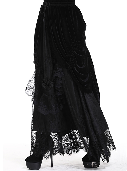 Gothic Style Black Wavy Velvet Exquisite Embroidered Lace Three Dimensional Flower Maxi Skirt