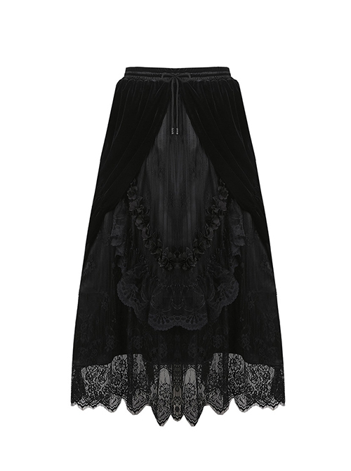 Gothic Style Black Wavy Velvet Exquisite Embroidered Lace Three Dimensional Flower Maxi Skirt