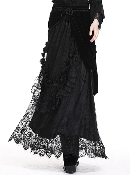 Gothic Style Black Wavy Velvet Exquisite Embroidered Lace Three Dimensional Flower Maxi Skirt