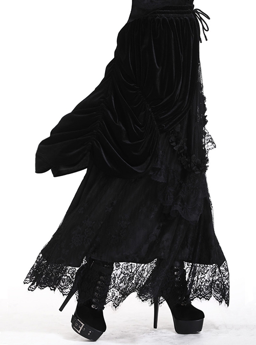 Gothic Style Black Wavy Velvet Exquisite Embroidered Lace Three Dimensional Flower Maxi Skirt