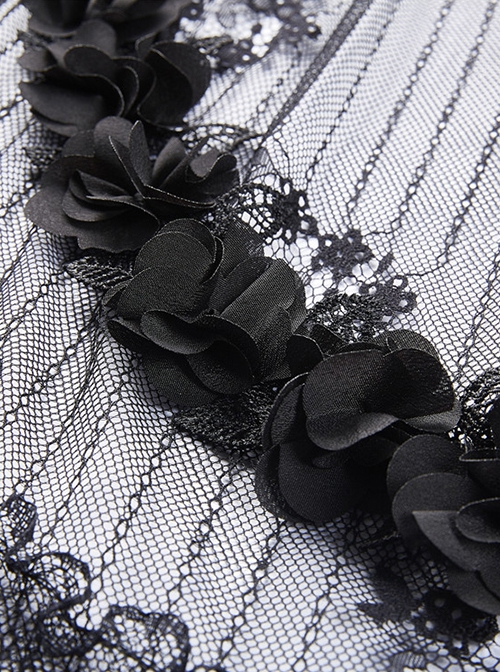 Gothic Style Black Wavy Velvet Exquisite Embroidered Lace Three Dimensional Flower Maxi Skirt