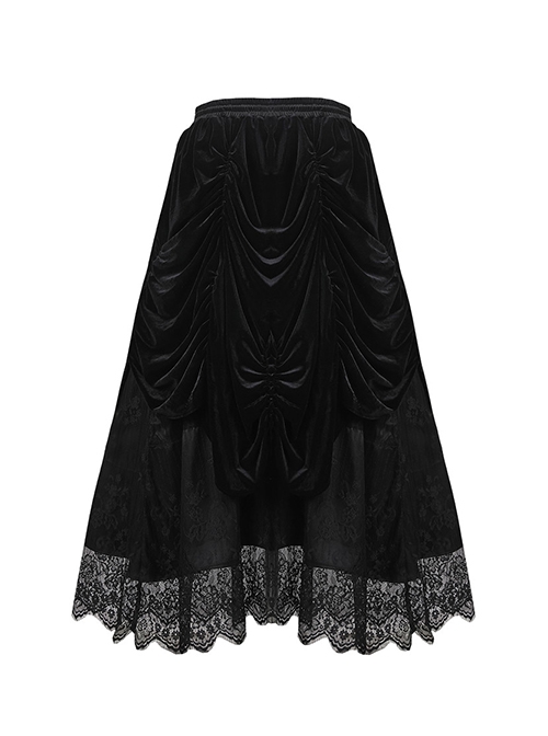 Gothic Style Black Wavy Velvet Exquisite Embroidered Lace Three Dimensional Flower Maxi Skirt