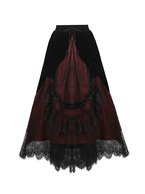 Gothic Style Luxury Velvet Exquisite Lace Three Dimensional Flower Black And Red Maxi Skirt