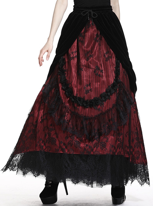 Gothic Style Luxury Velvet Exquisite Lace Three Dimensional Flower Black And Red Maxi Skirt