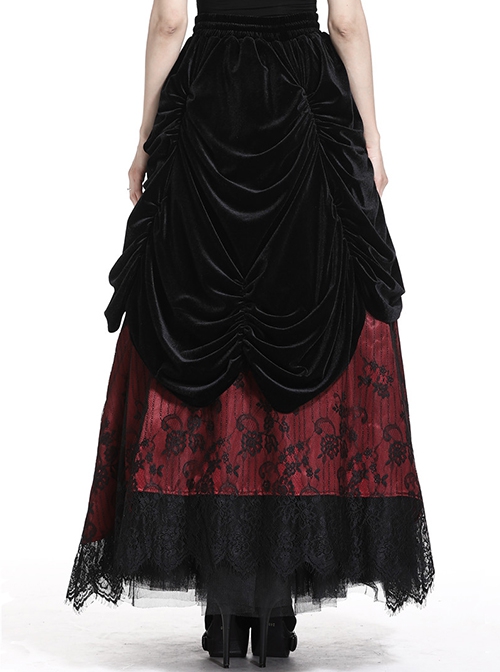 Gothic Style Luxury Velvet Exquisite Lace Three Dimensional Flower Black And Red Maxi Skirt