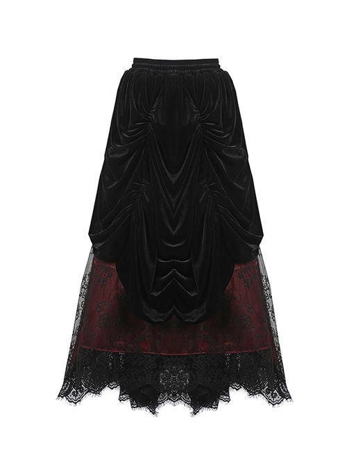 Gothic Style Luxury Velvet Exquisite Lace Three Dimensional Flower Black And Red Maxi Skirt