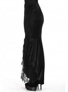 Gothic Style Gorgeous Velvet Exquisite Embroidered Lace Elegant Black Tight Fishtail Skirt