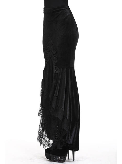 Gothic Style Gorgeous Velvet Exquisite Embroidered Lace Elegant Black Tight Fishtail Skirt