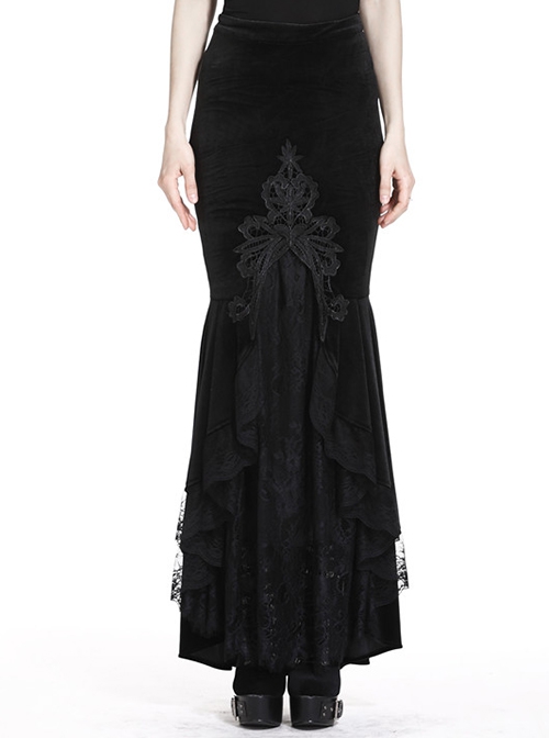 Gothic Style Gorgeous Velvet Exquisite Embroidered Lace Elegant Black Tight Fishtail Skirt