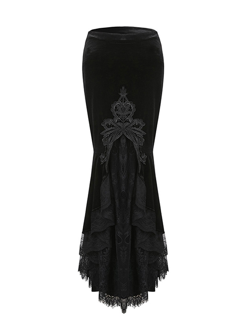 Gothic Style Gorgeous Velvet Exquisite Embroidered Lace Elegant Black Tight Fishtail Skirt