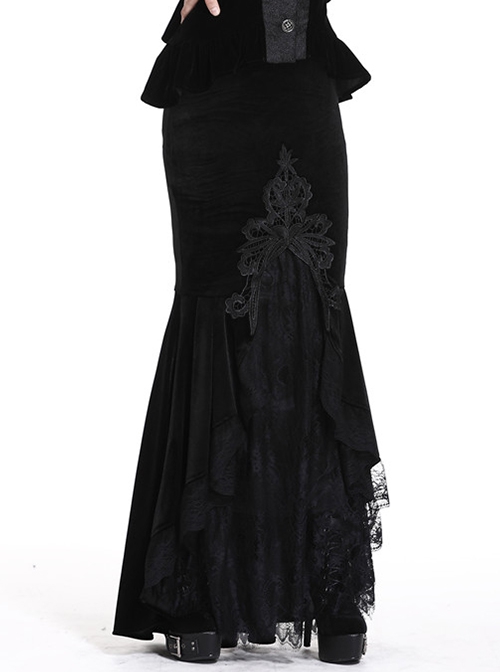 Gothic Style Gorgeous Velvet Exquisite Embroidered Lace Elegant Black Tight Fishtail Skirt