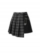 Punk Style Pleated Plaid Splicing Irregular Hem Metal Pin Decoration Personalized Black Skirt