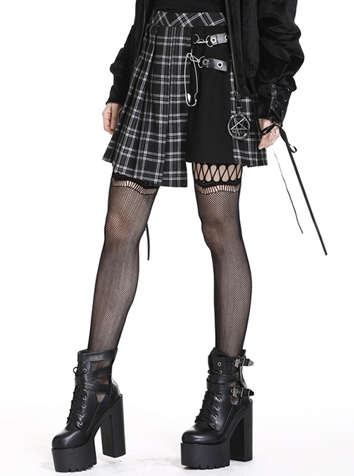 Punk Style Pleated Plaid Splicing Irregular Hem Metal Pin Decoration Personalized Black Skirt