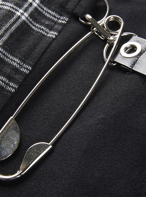 Punk Style Pleated Plaid Splicing Irregular Hem Metal Pin Decoration Personalized Black Skirt