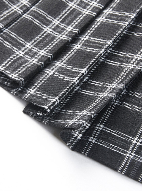 Punk Style Pleated Plaid Splicing Irregular Hem Metal Pin Decoration Personalized Black Skirt