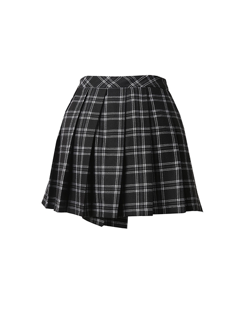Punk Style Pleated Plaid Splicing Irregular Hem Metal Pin Decoration Personalized Black Skirt