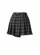 Punk Style Pleated Plaid Splicing Irregular Hem Metal Pin Decoration Personalized Black Skirt