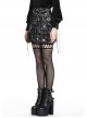 Punk Style Personalized Star Embroidered Leather Belt Metal Chain Embellished Black Plaid Pleated Skirt