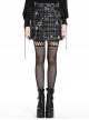 Punk Style Personalized Star Embroidered Leather Belt Metal Chain Embellished Black Plaid Pleated Skirt