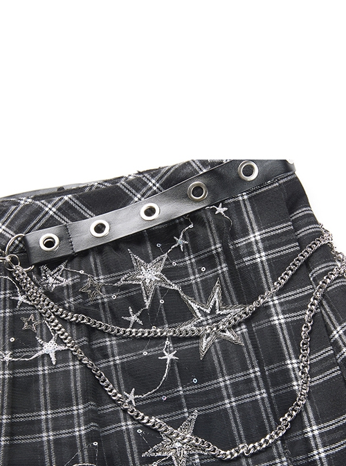 Punk Style Personalized Star Embroidered Leather Belt Metal Chain Embellished Black Plaid Pleated Skirt