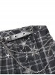 Punk Style Personalized Star Embroidered Leather Belt Metal Chain Embellished Black Plaid Pleated Skirt