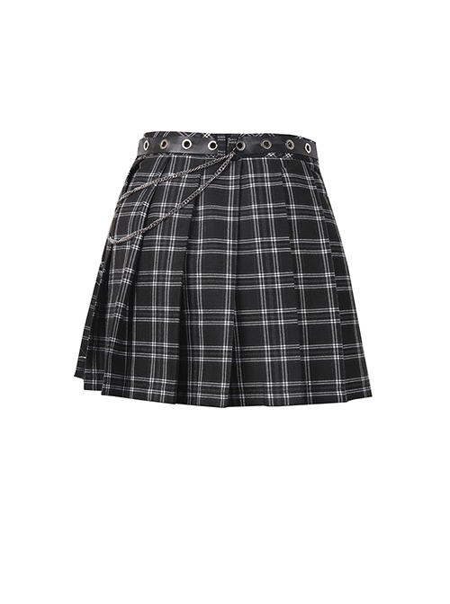 Punk Style Personalized Star Embroidered Leather Belt Metal Chain Embellished Black Plaid Pleated Skirt