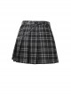 Punk Style Personalized Star Embroidered Leather Belt Metal Chain Embellished Black Plaid Pleated Skirt