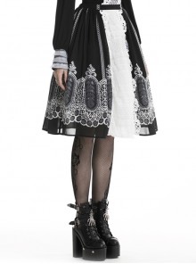 Gothic Style Unique Retro Print Stitching White Lace Elegant Black And White Skirt