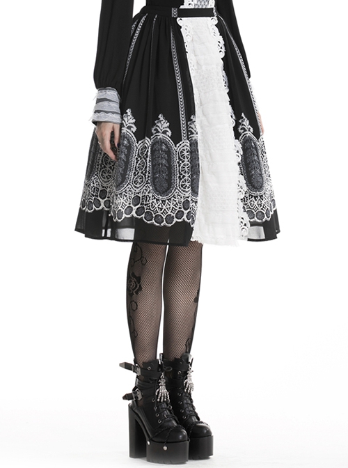 Gothic Style Unique Retro Print Stitching White Lace Elegant Black And White Skirt