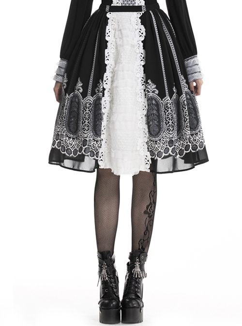 Gothic Style Unique Retro Print Stitching White Lace Elegant Black And White Skirt