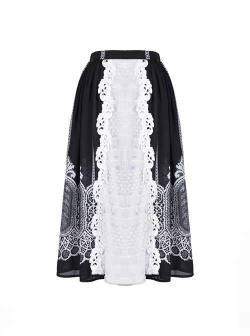 Gothic Style Unique Retro Print Stitching White Lace Elegant Black And White Skirt