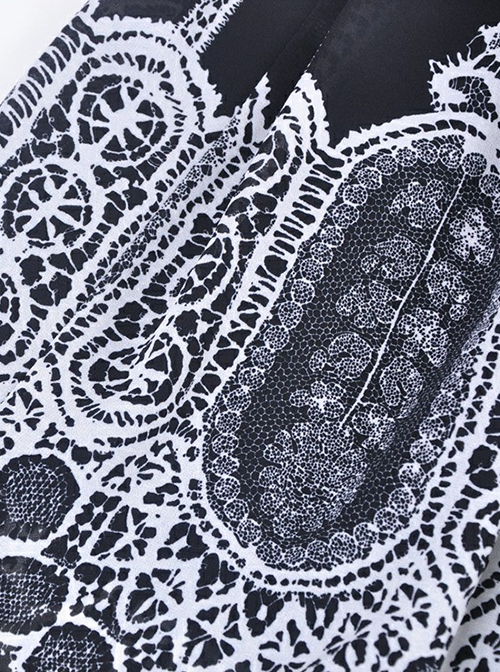 Gothic Style Unique Retro Print Stitching White Lace Elegant Black And White Skirt