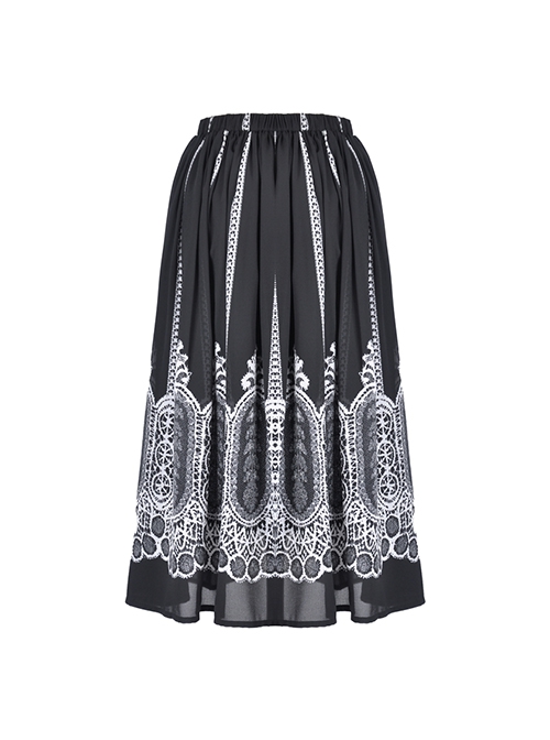 Gothic Style Unique Retro Print Stitching White Lace Elegant Black And White Skirt