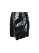 Punk Style Cool Metal Rivets Asymmetric Hem Design Reflective PU Leather Sexy Black Tight Skirt