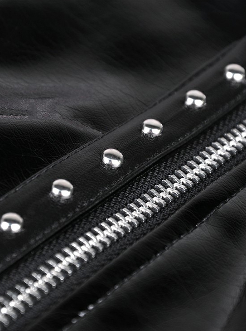 Punk Style Cool Metal Rivets Asymmetric Hem Design Reflective PU Leather Sexy Black Tight Skirt