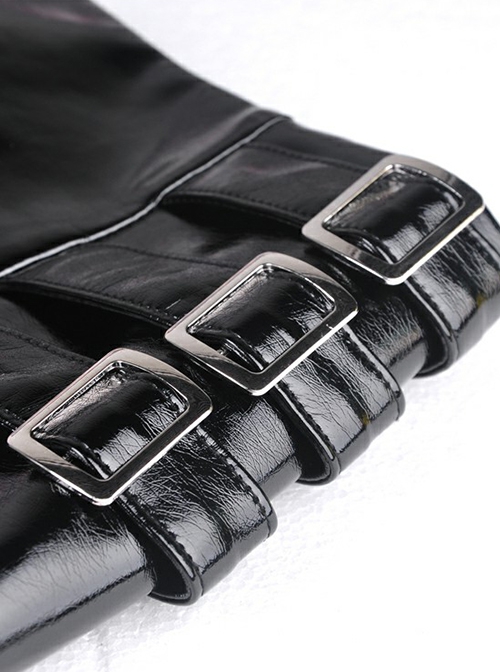 Punk Style Cool Metal Rivets Asymmetric Hem Design Reflective PU Leather Sexy Black Tight Skirt