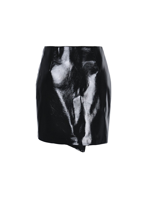 Punk Style Cool Metal Rivets Asymmetric Hem Design Reflective PU Leather Sexy Black Tight Skirt