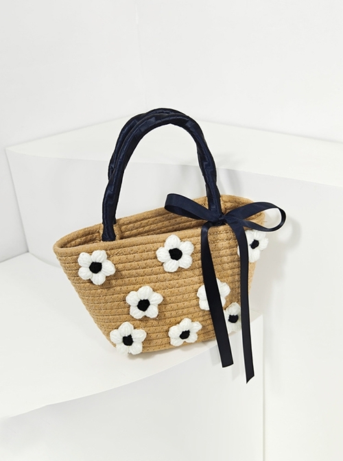 French Style Fashionable Romance Contrast Color Beach Casual 3D Flower Bowknot Kawaii Fashion Portable Straw Bag