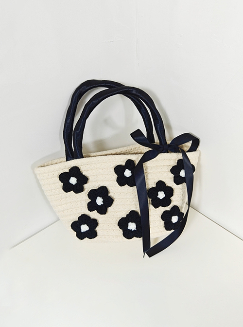 French Style Fashionable Romance Contrast Color Beach Casual 3D Flower Bowknot Kawaii Fashion Portable Straw Bag