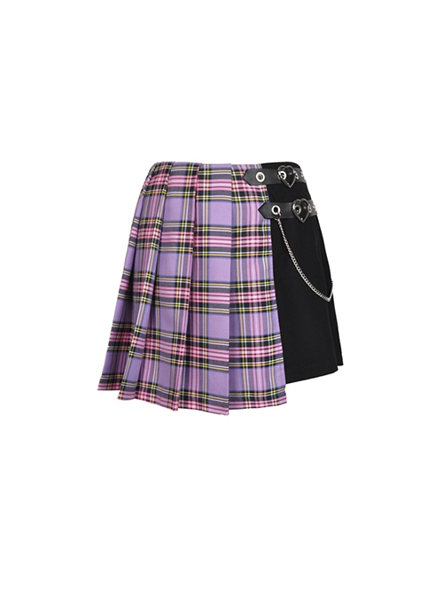 Punk Style Unique Love Buckle Metal Chain Decoration Purple Plaid Stitching Black Pleated Skirt