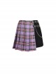 Punk Style Unique Love Buckle Metal Chain Decoration Purple Plaid Stitching Black Pleated Skirt