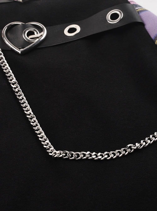 Punk Style Unique Love Buckle Metal Chain Decoration Purple Plaid Stitching Black Pleated Skirt